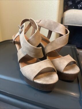 Indigo Taupe Suede Crisscross Wedge Sandals
